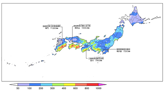 図２　期間降水量分布図（9月15日～9月22日）
