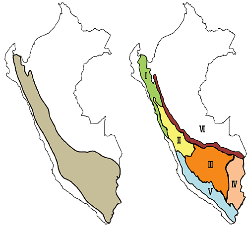 図１　アンデネス分布（左）と気候地勢区分（右）