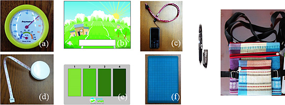 写真２　子供センサーの道具一式　上段の左から（a）温湿度計 （ｂ）記録ノート（敢えてパスポートと呼んでいる） （c）携帯電話　下段の左から（d）メジャー （e）簡易葉色板 （f）代用虫見板。それらと消せるボールペンをポーチ（右）に収納して携帯する