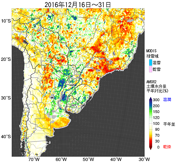 農業気象情報提供システムでの提供データの例（南アメリカの土壌水分量平年対比）
