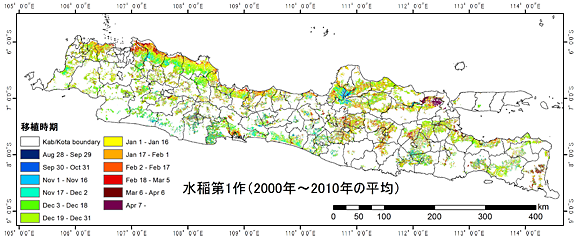 図３　インドネシア・ジャワ島における水稲作付時期の分布