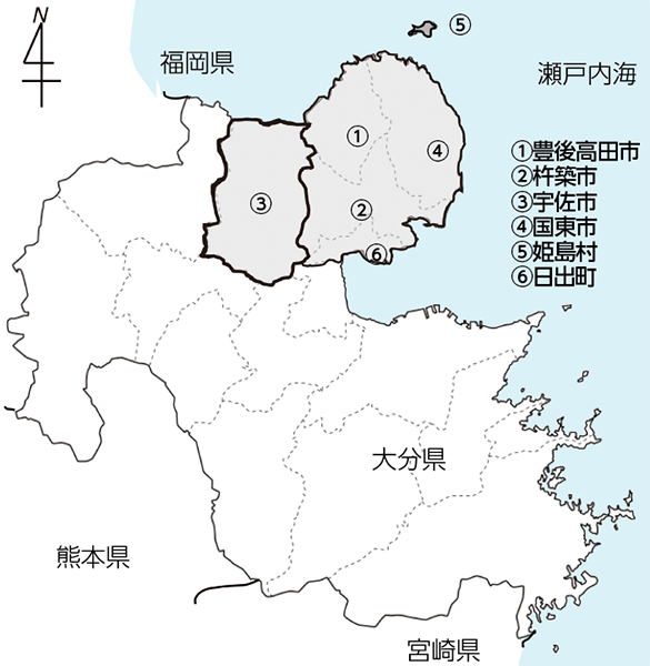 図１	世界農業遺産に認定された大分県国東半島宇佐地域（宇佐市を太線で囲ってある）