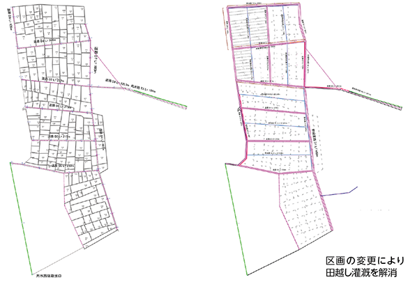 図　モデル圃場現況図（左）と計画平面図（右）