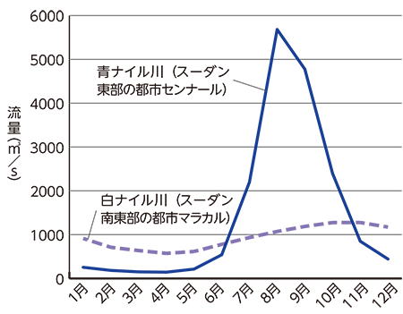 図２　青ナイル川と白ナイル川の月別流量変化（1912-1963月別平均値）