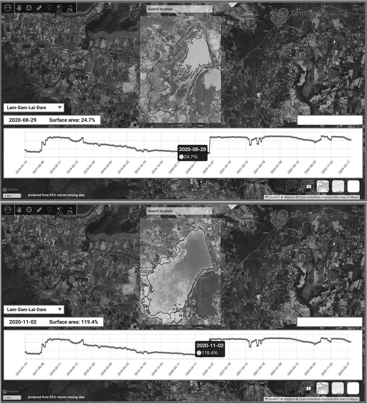 図５　人工衛星で観測したダムの貯水面積の変化