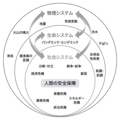 物理システム、生命システム、社会システムの観点から危機の複合性を示した図