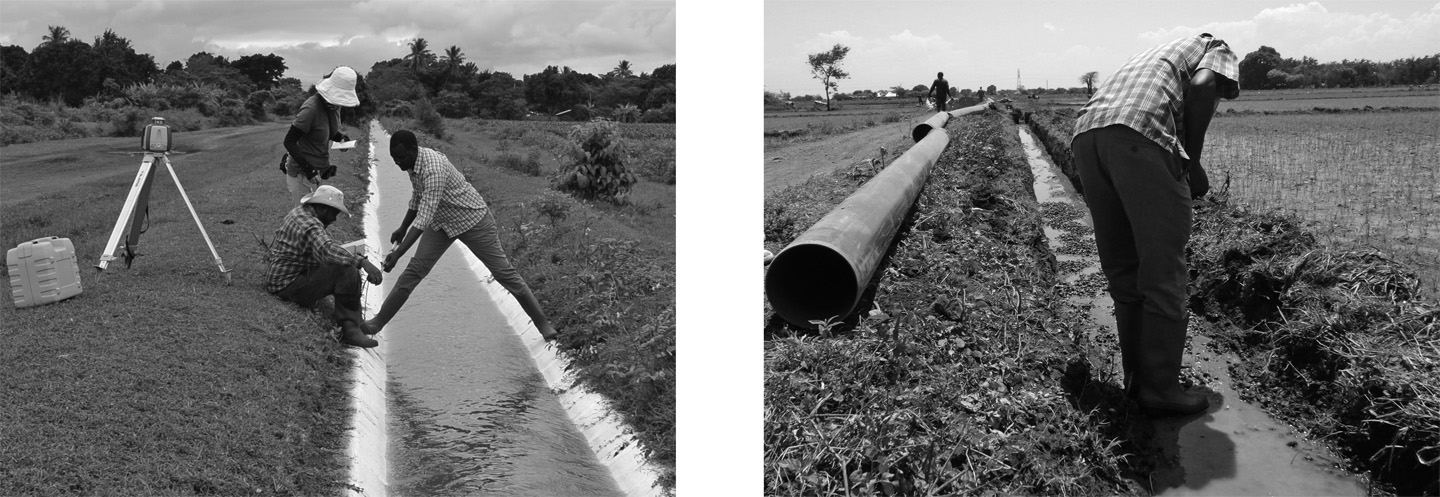 写真３　タンザニアの土水路漏水対策（左は水路の表面被覆、右は管の敷設）